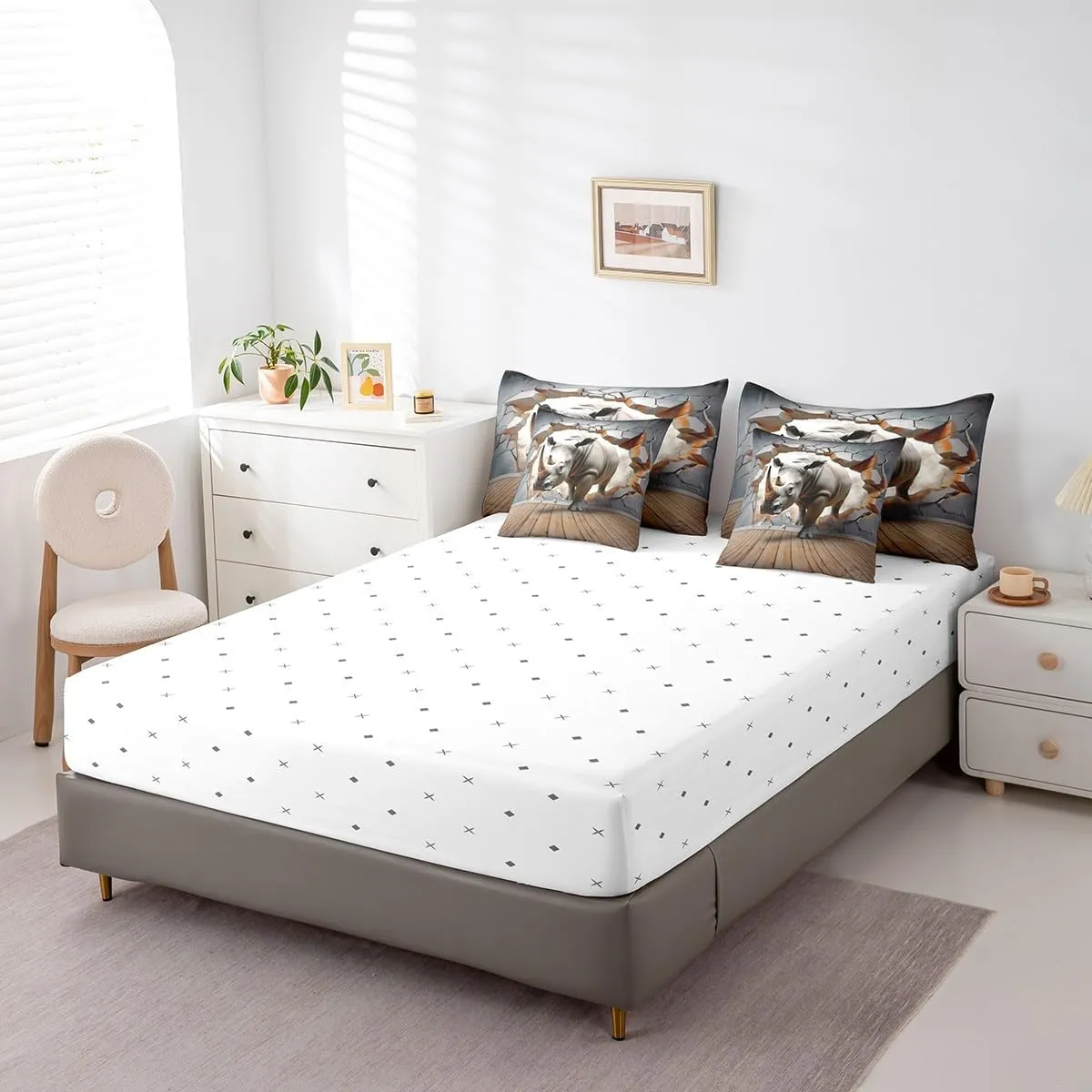 Feelyou Rhinoceros Comforter Set King Size 7 Pieces Wild Animal Bed in a Bag for Kids Boys Girls Teens Safari Bedding Set Stripe Wildlife Bed Set with Comforter, Sheet Set, Pillowcases, Pillow Covers