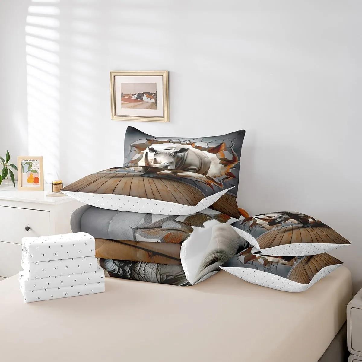 Feelyou Rhinoceros Comforter Set King Size 7 Pieces Wild Animal Bed in a Bag for Kids Boys Girls Teens Safari Bedding Set Stripe Wildlife Bed Set with Comforter, Sheet Set, Pillowcases, Pillow Covers