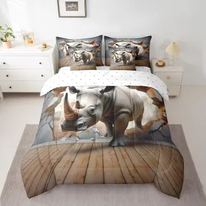 Feelyou Rhinoceros Comforter Set King Size 7 Pieces Wild Animal Bed in a Bag for Kids Boys Girls Teens Safari Bedding Set Stripe Wildlife Bed Set with Comforter, Sheet Set, Pillowcases, Pillow Covers