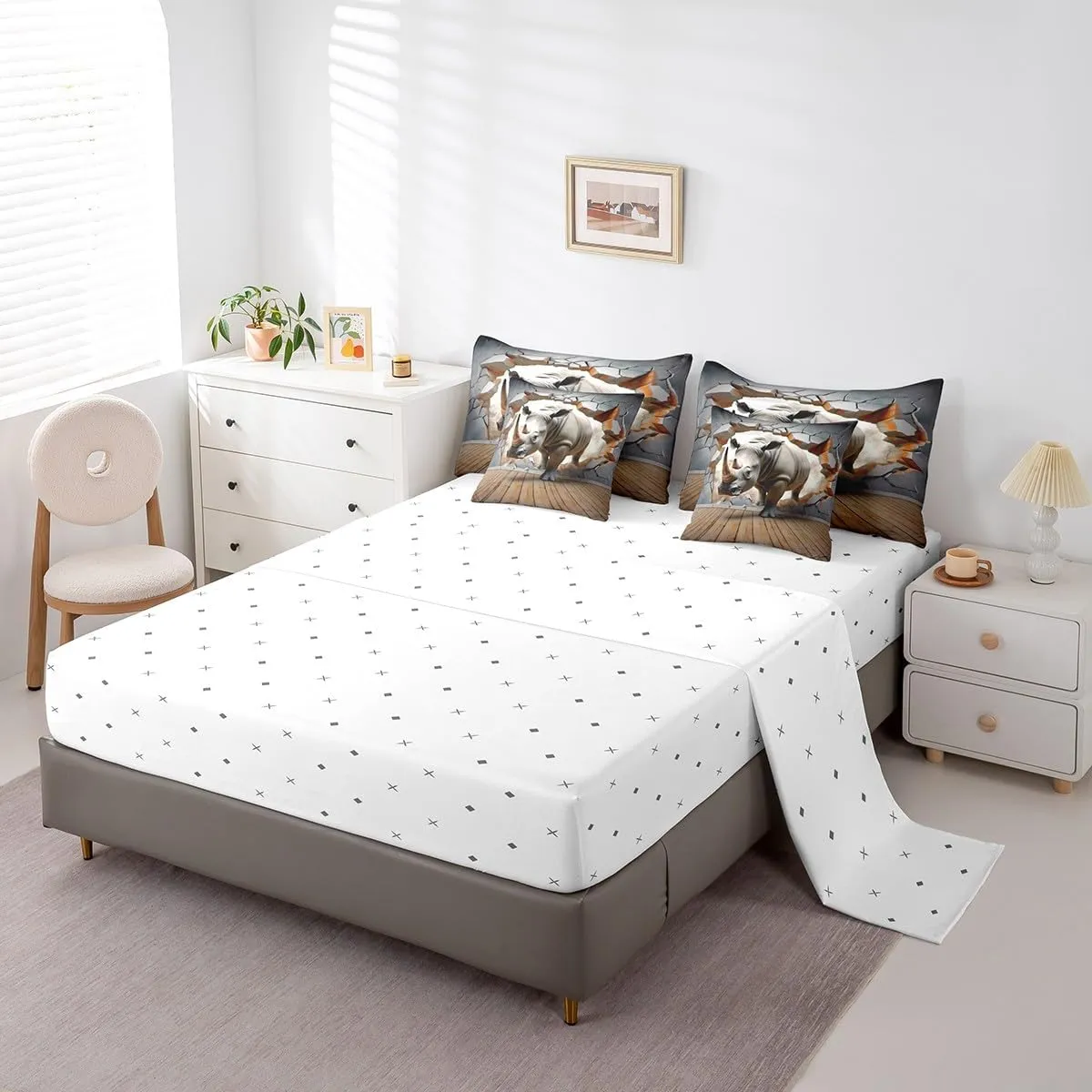 Feelyou Rhinoceros Comforter Set King Size 7 Pieces Wild Animal Bed in a Bag for Kids Boys Girls Teens Safari Bedding Set Stripe Wildlife Bed Set with Comforter, Sheet Set, Pillowcases, Pillow Covers