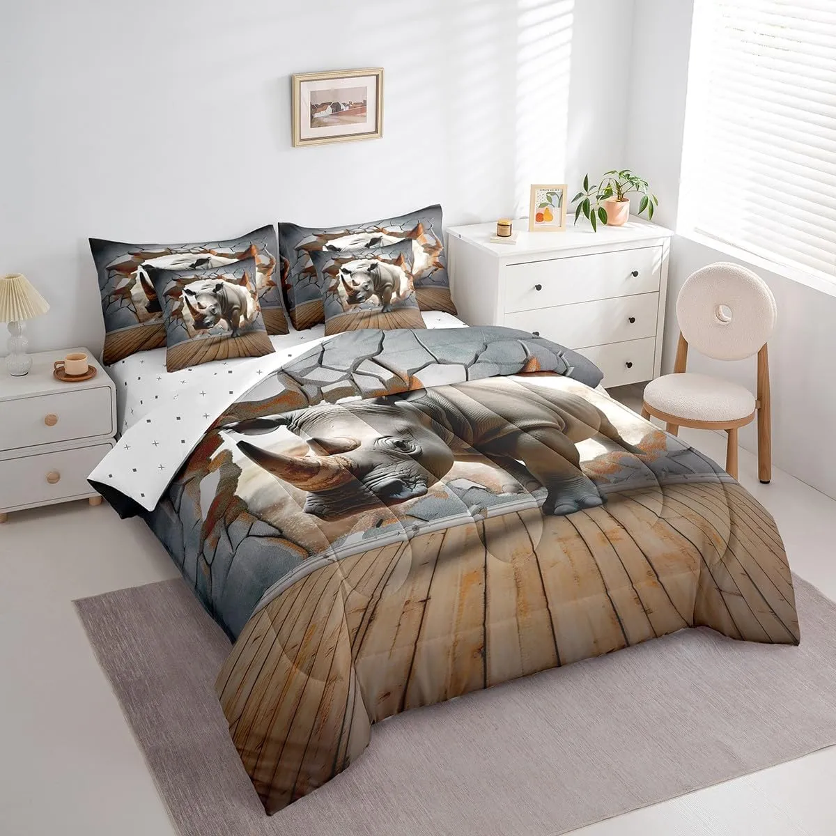 Feelyou Rhinoceros Comforter Set King Size 7 Pieces Wild Animal Bed in a Bag for Kids Boys Girls Teens Safari Bedding Set Stripe Wildlife Bed Set with Comforter, Sheet Set, Pillowcases, Pillow Covers