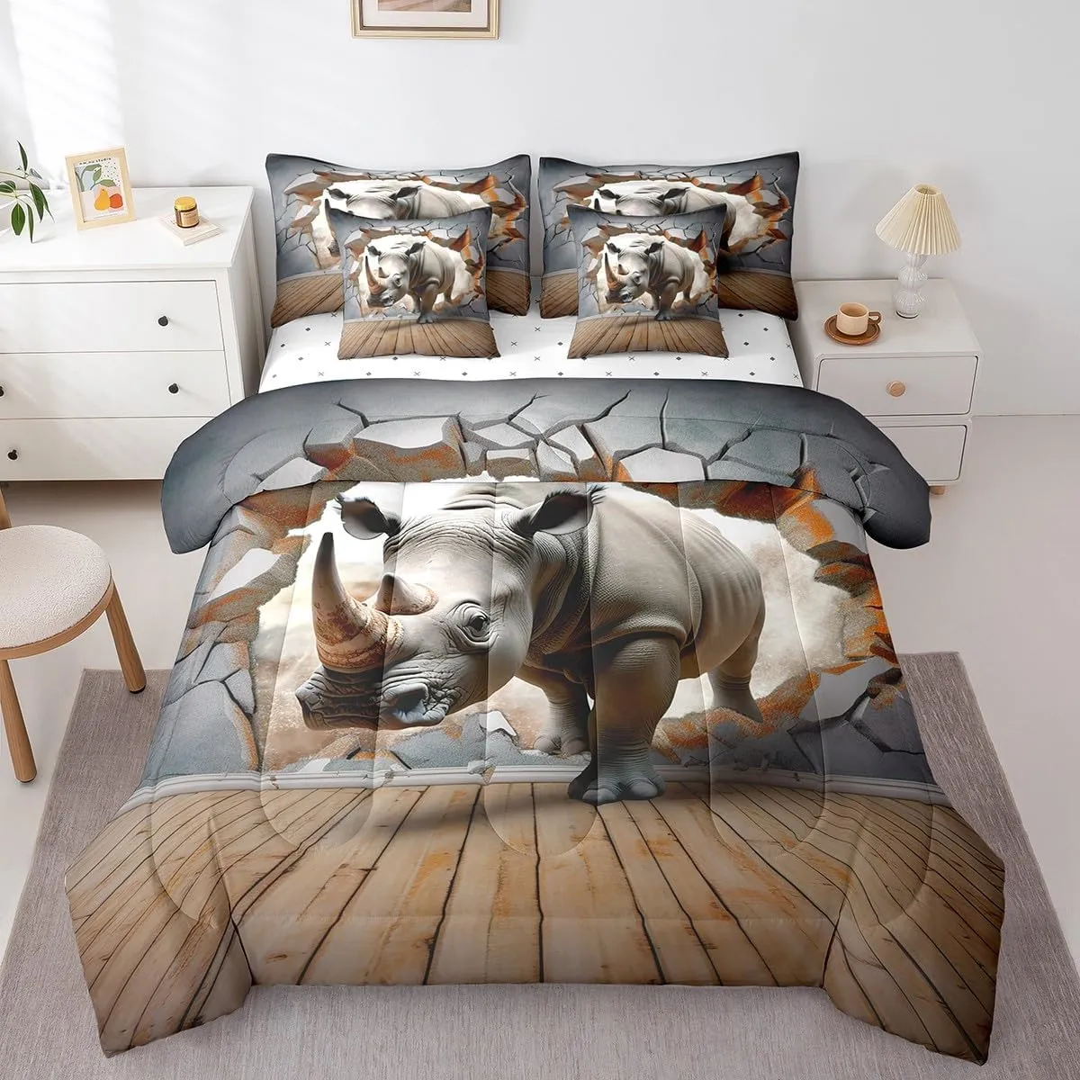 Feelyou Rhinoceros Comforter Set King Size 7 Pieces Wild Animal Bed in a Bag for Kids Boys Girls Teens Safari Bedding Set Stripe Wildlife Bed Set with Comforter, Sheet Set, Pillowcases, Pillow Covers