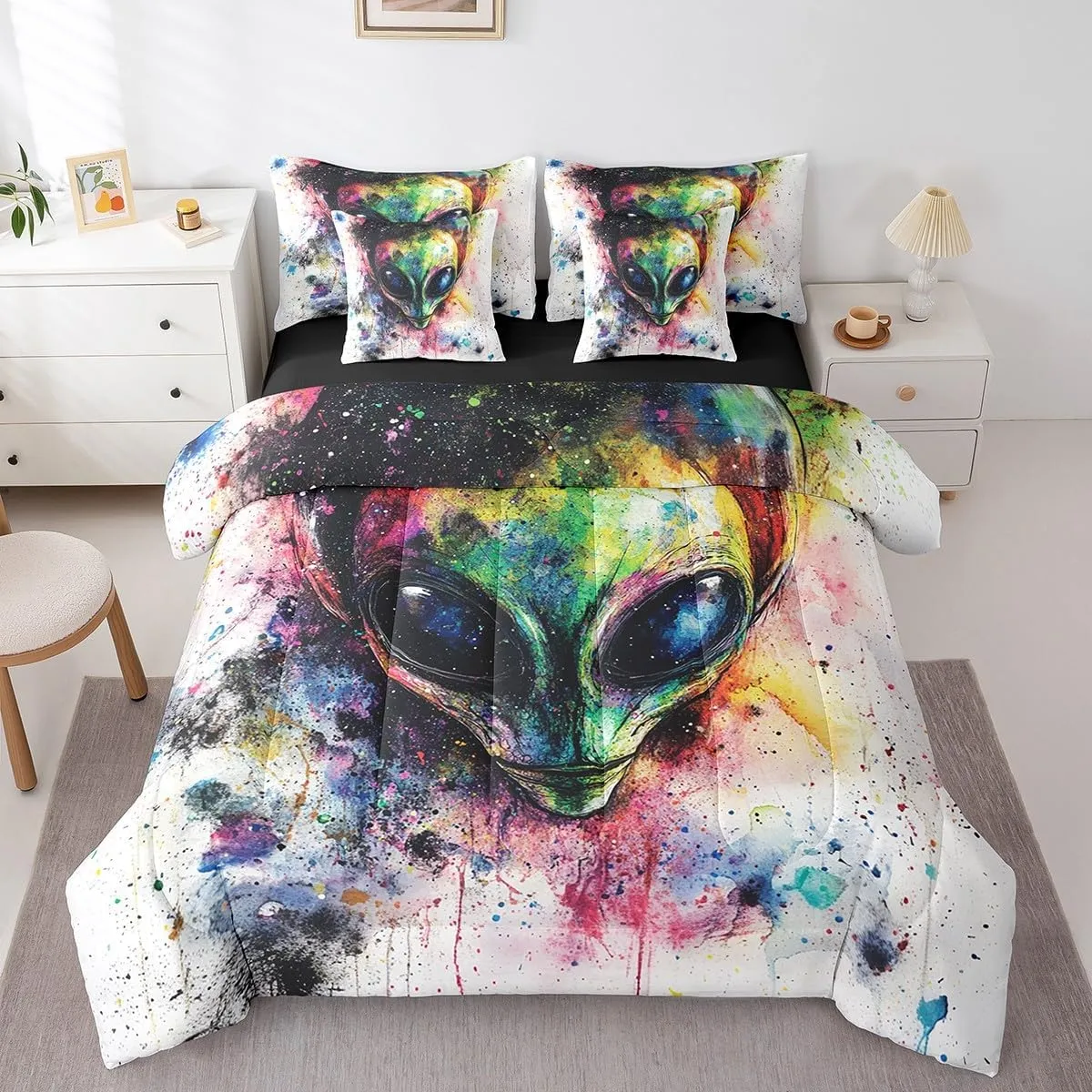 Feelyou Space Alien Comforter Set with Sheets Cartoon Outer Space Planet Bed in a Bag for Kids Boys Girls Bedroom Bed Decor UFO Alien Theme 7 Piece Bedding Set Queen Size Universe Bed Set
