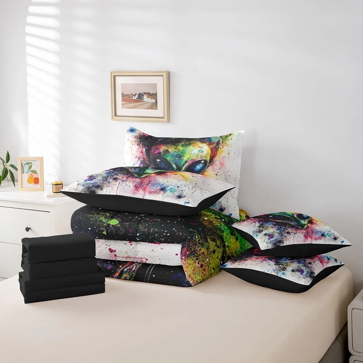 Feelyou Space Alien Comforter Set with Sheets Cartoon Outer Space Planet Bed in a Bag for Kids Boys Girls Bedroom Bed Decor UFO Alien Theme 7 Piece Bedding Set Queen Size Universe Bed Set