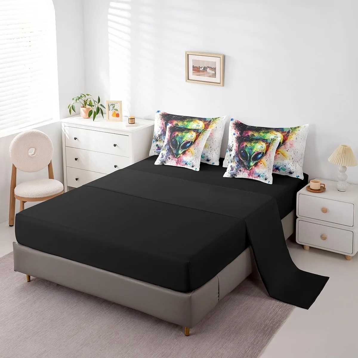 Feelyou Space Alien Comforter Set with Sheets Cartoon Outer Space Planet Bed in a Bag for Kids Boys Girls Bedroom Bed Decor UFO Alien Theme 7 Piece Bedding Set Queen Size Universe Bed Set