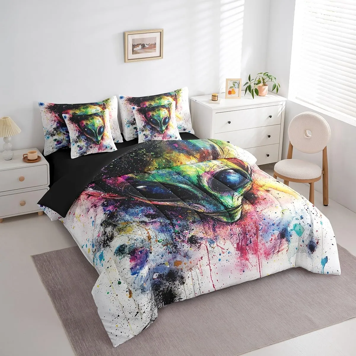Feelyou Space Alien Comforter Set with Sheets Cartoon Outer Space Planet Bed in a Bag for Kids Boys Girls Bedroom Bed Decor UFO Alien Theme 7 Piece Bedding Set Queen Size Universe Bed Set
