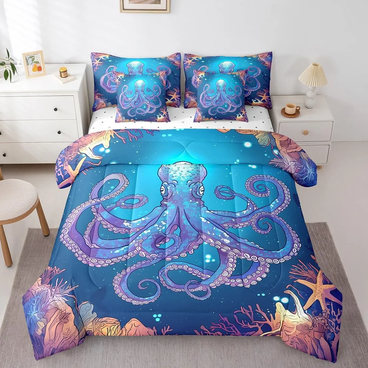 Feelyou Teens Octopus Comforter Set 7 Pieces Queen Size Kids Ocean Kraken Print Bedding Set for Boys Girls Octopus Tentacles Bed in A Bag Youth Sea Marine Themed Blue Decor Bed Set with Sheets