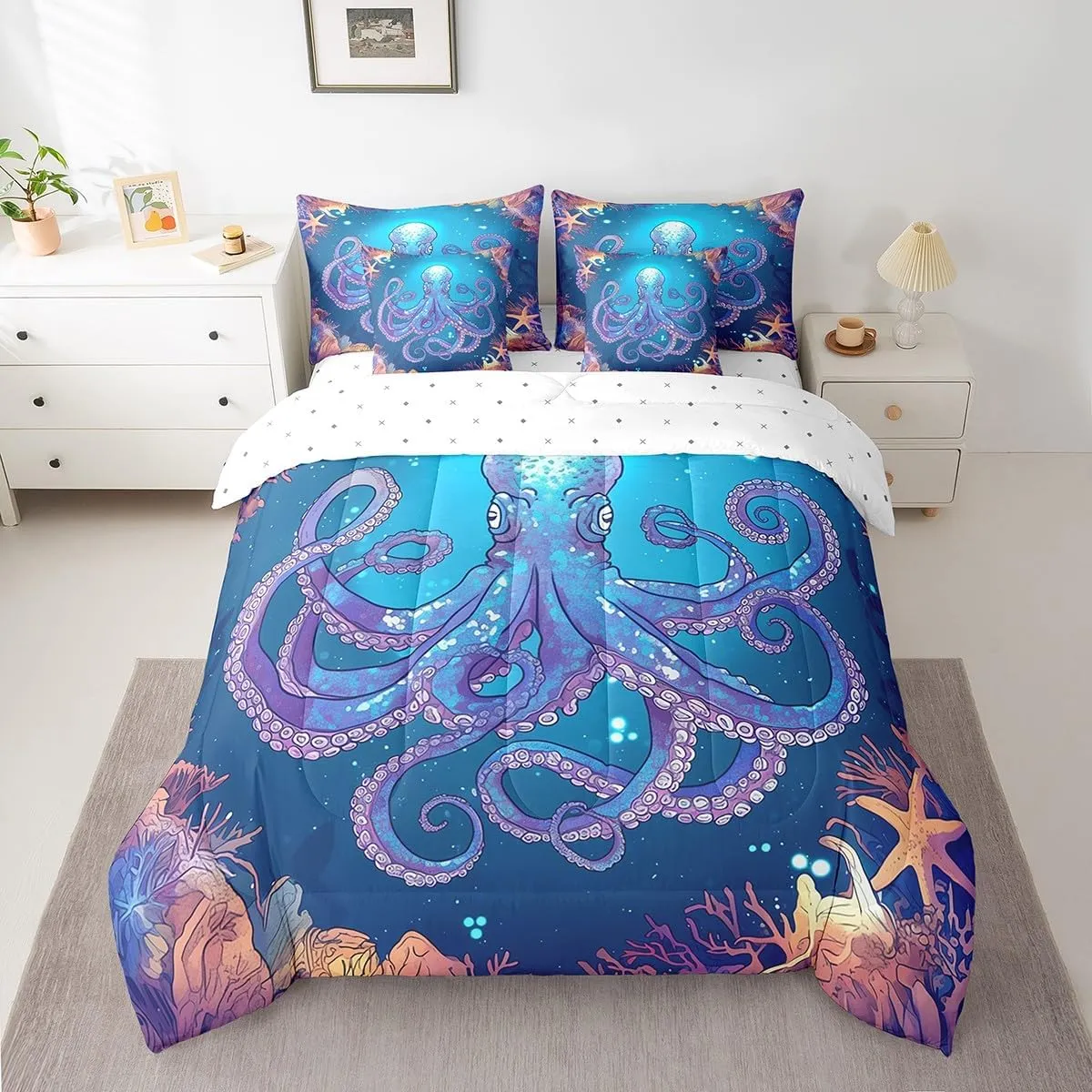Feelyou Teens Octopus Comforter Set 7 Pieces Queen Size Kids Ocean Kraken Print Bedding Set for Boys Girls Octopus Tentacles Bed in A Bag Youth Sea Marine Themed Blue Decor Bed Set with Sheets