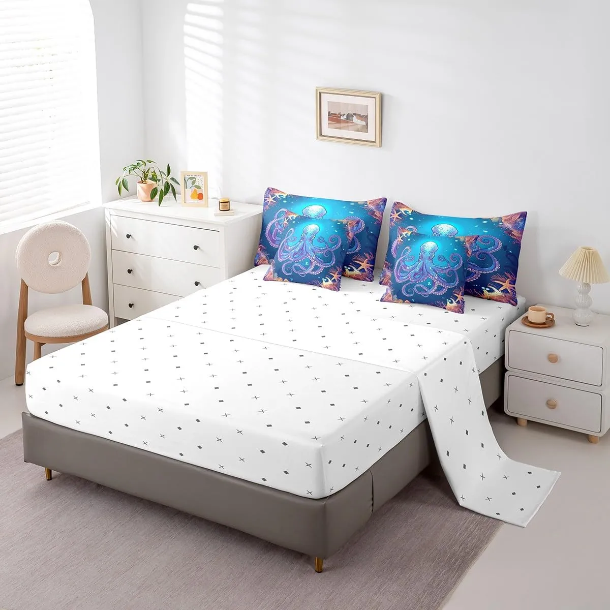 Feelyou Teens Octopus Comforter Set 7 Pieces Queen Size Kids Ocean Kraken Print Bedding Set for Boys Girls Octopus Tentacles Bed in A Bag Youth Sea Marine Themed Blue Decor Bed Set with Sheets