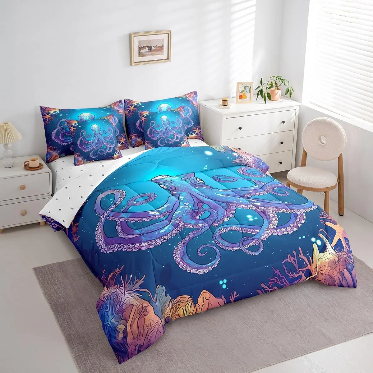 Feelyou Teens Octopus Comforter Set 7 Pieces Queen Size Kids Ocean Kraken Print Bedding Set for Boys Girls Octopus Tentacles Bed in A Bag Youth Sea Marine Themed Blue Decor Bed Set with Sheets