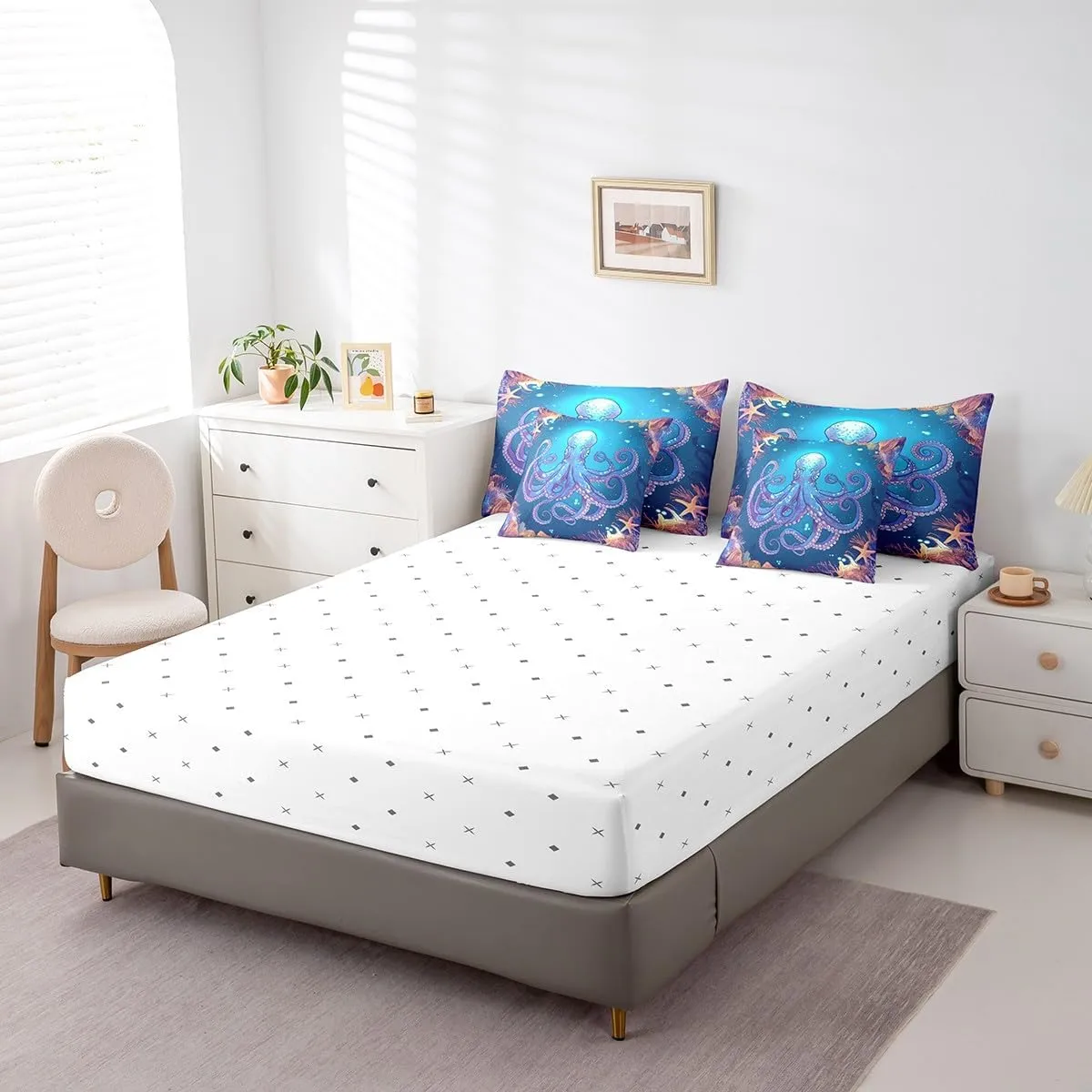 Feelyou Teens Octopus Comforter Set 7 Pieces Queen Size Kids Ocean Kraken Print Bedding Set for Boys Girls Octopus Tentacles Bed in A Bag Youth Sea Marine Themed Blue Decor Bed Set with Sheets