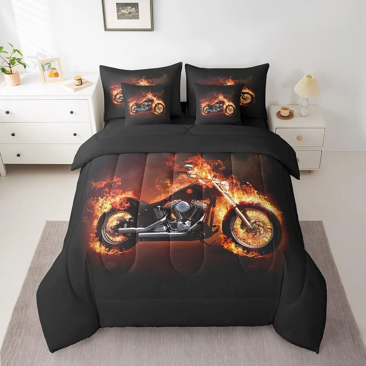 Feelyou Twin Comforter Set 7 Pcs Motorcycle Bed in a Bag Extreme Sports Bedding Set for Kids Boys Cool Motor Bike Comforter Red Black Retro Motorcycle Bed Set with Sheets, Pillowcases, Pillow Covers