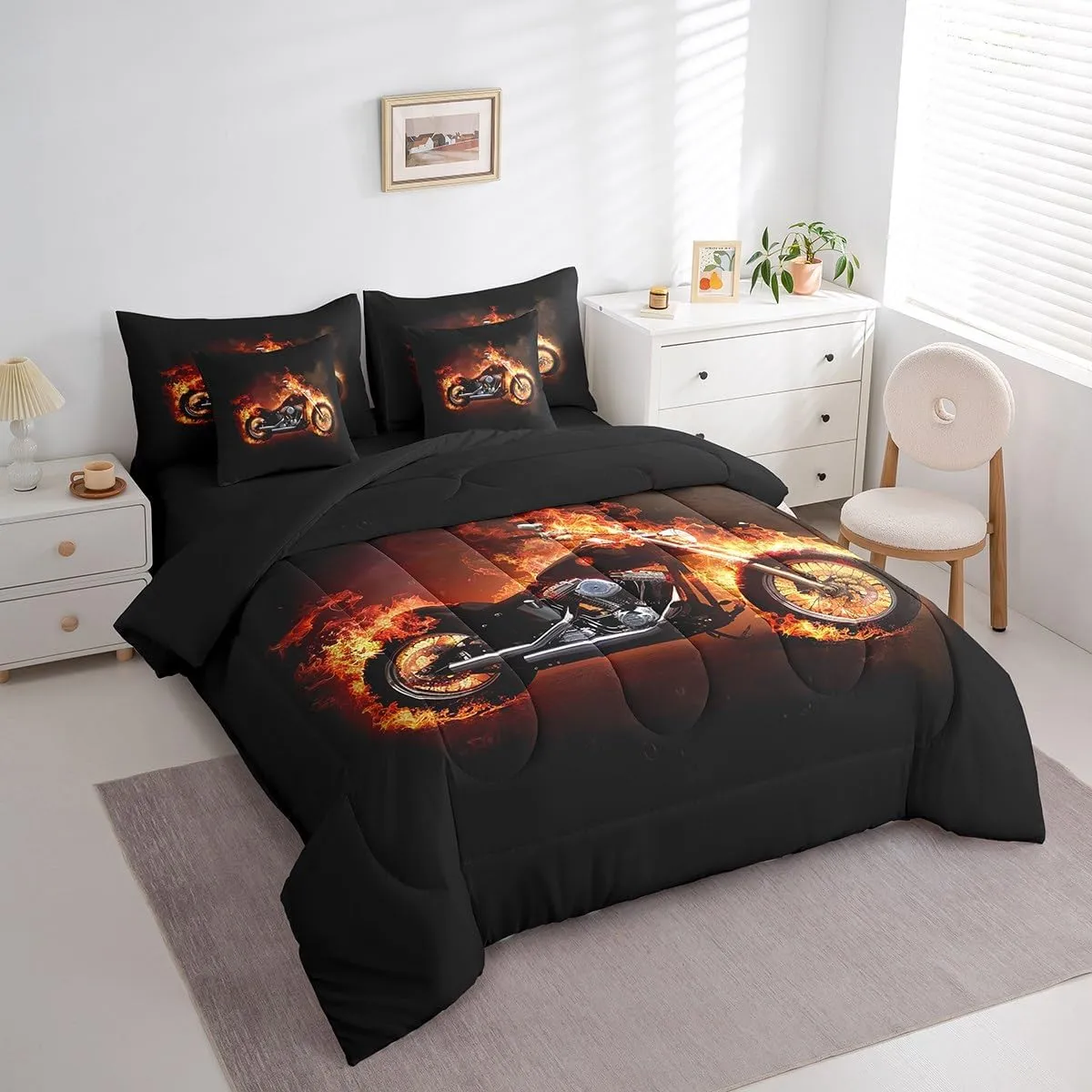 Feelyou Twin Comforter Set 7 Pcs Motorcycle Bed in a Bag Extreme Sports Bedding Set for Kids Boys Cool Motor Bike Comforter Red Black Retro Motorcycle Bed Set with Sheets, Pillowcases, Pillow Covers