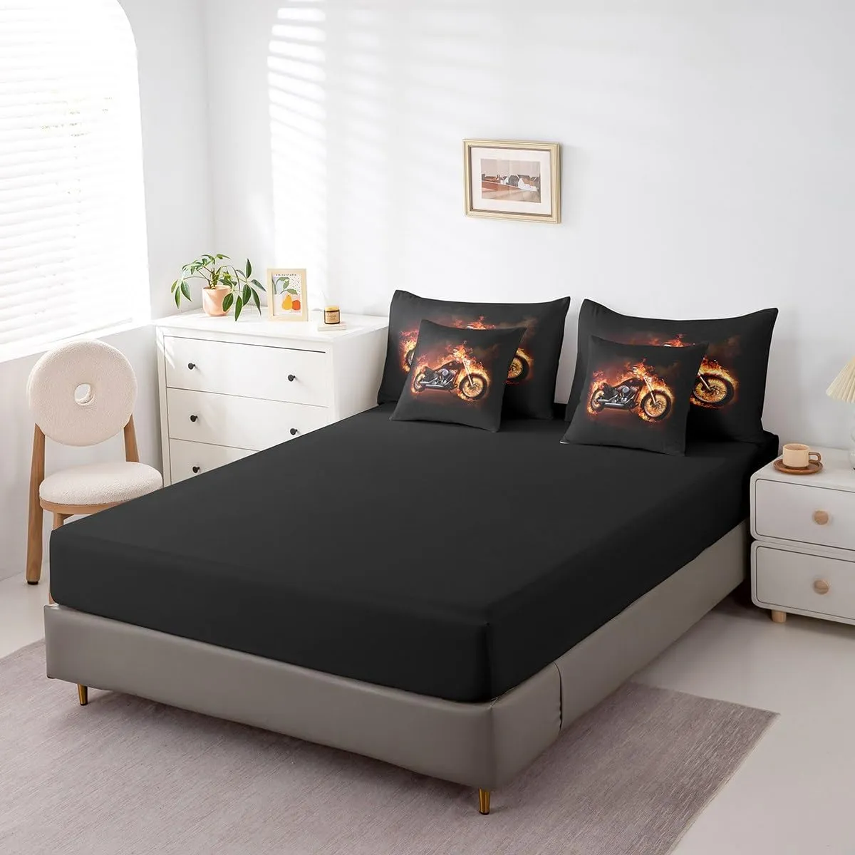 Feelyou Twin Comforter Set 7 Pcs Motorcycle Bed in a Bag Extreme Sports Bedding Set for Kids Boys Cool Motor Bike Comforter Red Black Retro Motorcycle Bed Set with Sheets, Pillowcases, Pillow Covers