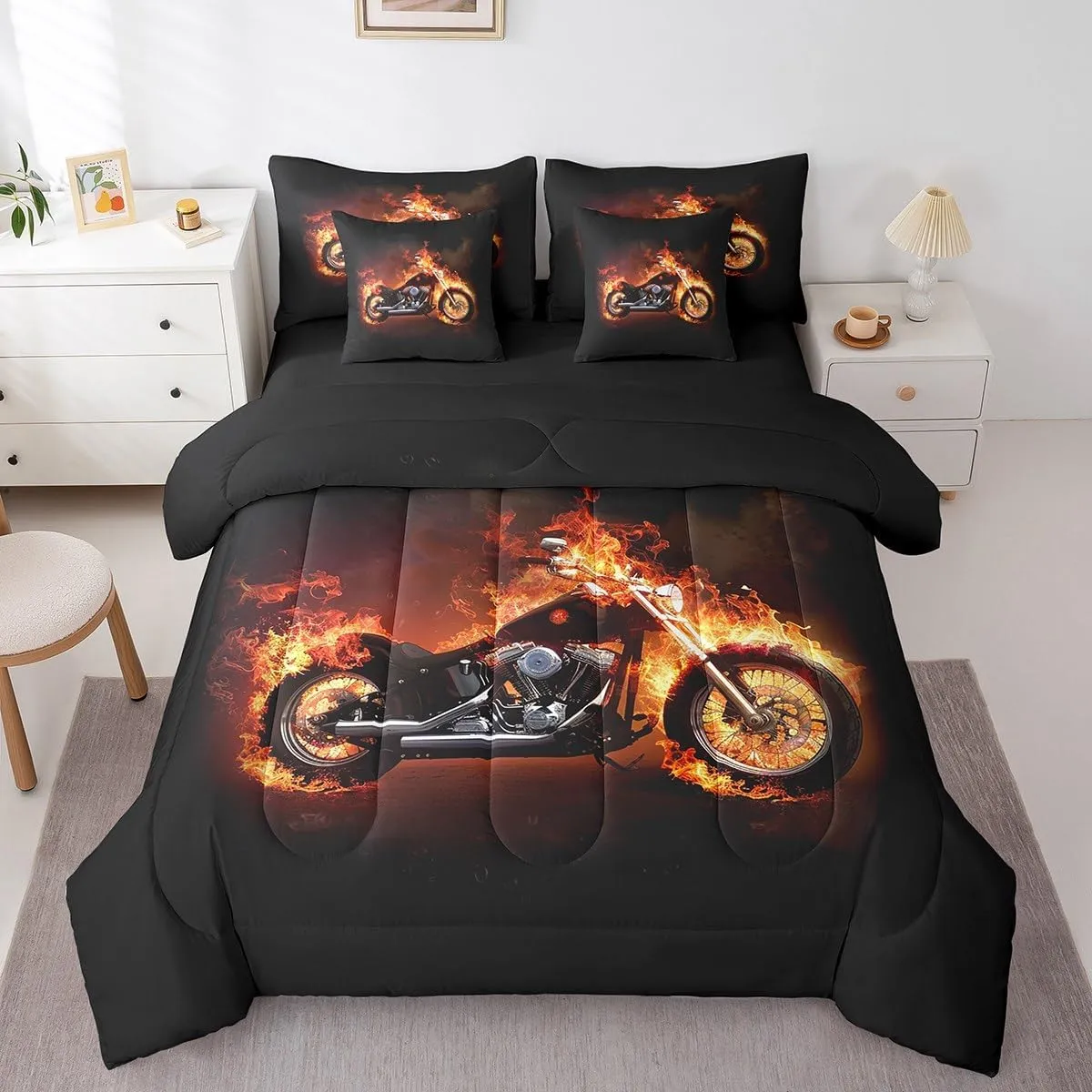 Feelyou Twin Comforter Set 7 Pcs Motorcycle Bed in a Bag Extreme Sports Bedding Set for Kids Boys Cool Motor Bike Comforter Red Black Retro Motorcycle Bed Set with Sheets, Pillowcases, Pillow Covers