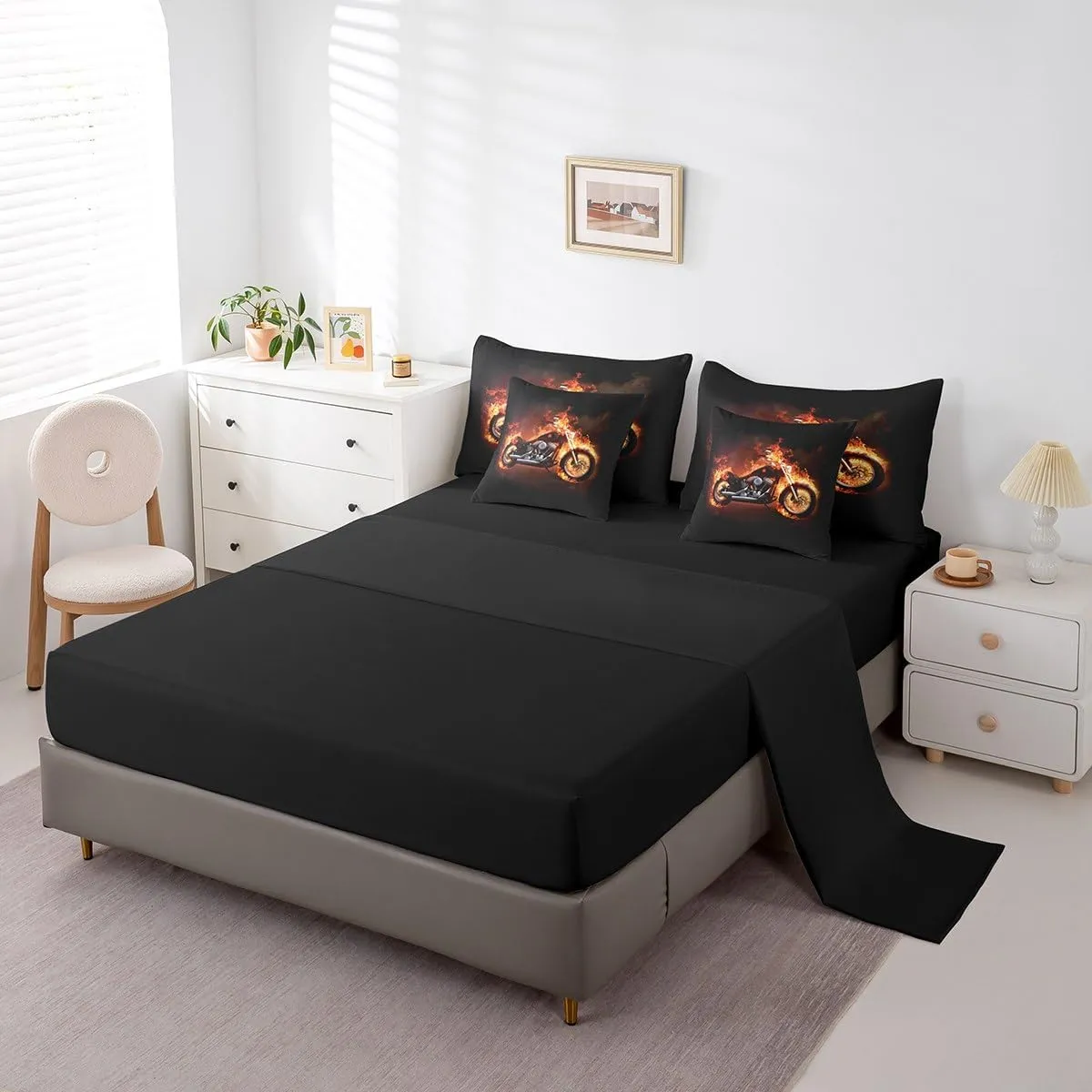 Feelyou Twin Comforter Set 7 Pcs Motorcycle Bed in a Bag Extreme Sports Bedding Set for Kids Boys Cool Motor Bike Comforter Red Black Retro Motorcycle Bed Set with Sheets, Pillowcases, Pillow Covers