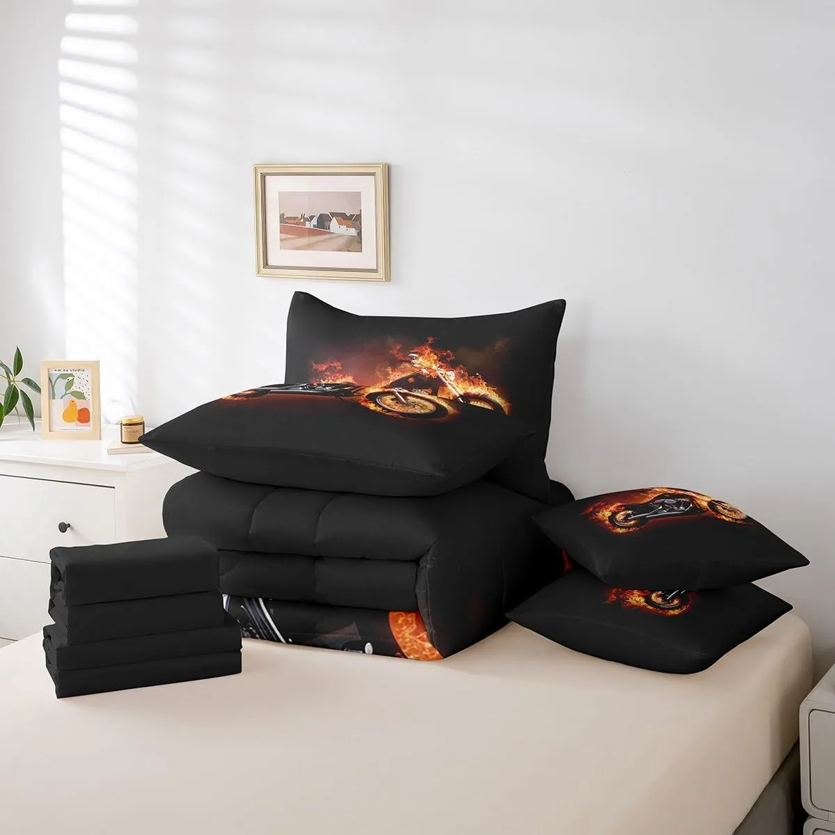 Feelyou Twin Comforter Set 7 Pcs Motorcycle Bed in a Bag Extreme Sports Bedding Set for Kids Boys Cool Motor Bike Comforter Red Black Retro Motorcycle Bed Set with Sheets, Pillowcases, Pillow Covers
