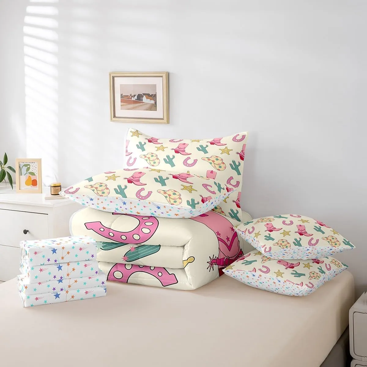 Feelyou Western Bedding Set All Season Queen Size Wild Western Cowboy Comforter Set 7 Pieces Cowboy Boots Cowboy Hat Horseshoe Cactus Bed in a Bag Pink Bed Set with Comforter, Sheet Set, Pillowcases