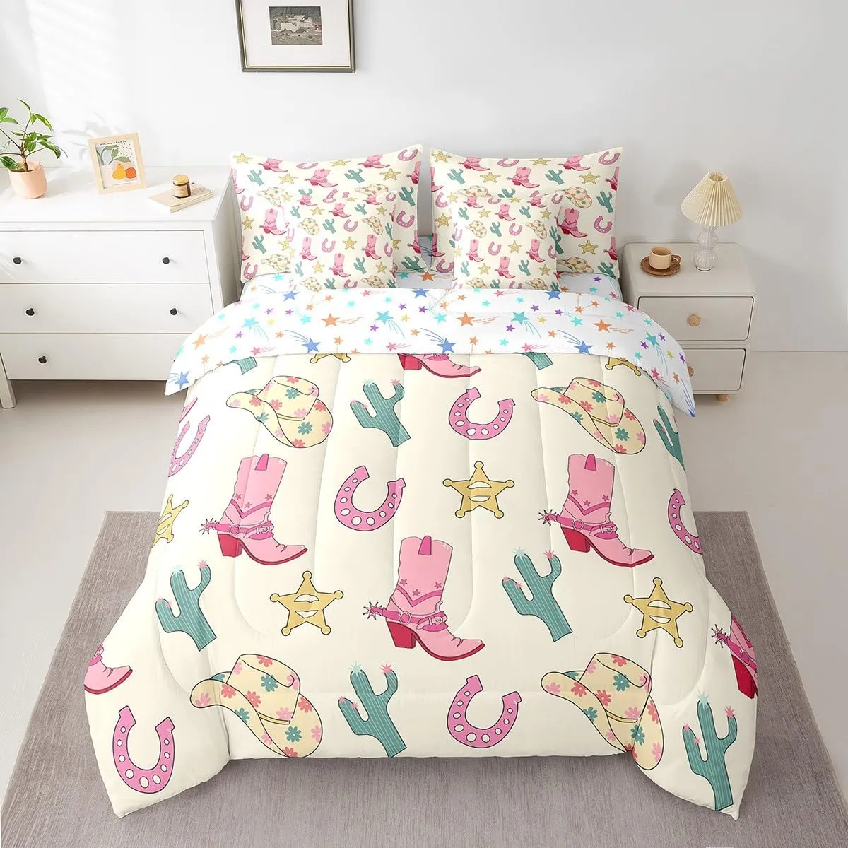 Feelyou Western Bedding Set All Season Queen Size Wild Western Cowboy Comforter Set 7 Pieces Cowboy Boots Cowboy Hat Horseshoe Cactus Bed in a Bag Pink Bed Set with Comforter, Sheet Set, Pillowcases