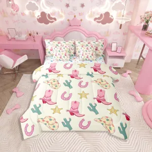 Feelyou Western Bedding Set All Season Queen Size Wild Western Cowboy Comforter Set 7 Pieces Cowboy Boots Cowboy Hat Horseshoe Cactus Bed in a Bag Pink Bed Set with Comforter, Sheet Set, Pillowcases