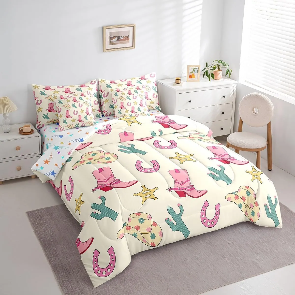 Feelyou Western Bedding Set All Season Queen Size Wild Western Cowboy Comforter Set 7 Pieces Cowboy Boots Cowboy Hat Horseshoe Cactus Bed in a Bag Pink Bed Set with Comforter, Sheet Set, Pillowcases