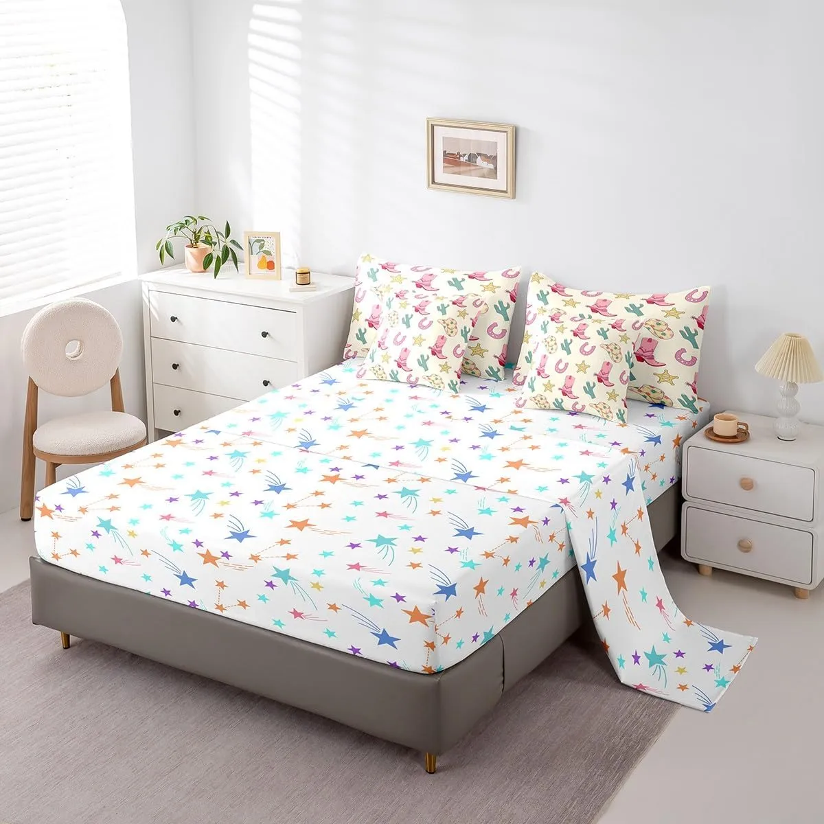Feelyou Western Bedding Set All Season Queen Size Wild Western Cowboy Comforter Set 7 Pieces Cowboy Boots Cowboy Hat Horseshoe Cactus Bed in a Bag Pink Bed Set with Comforter, Sheet Set, Pillowcases