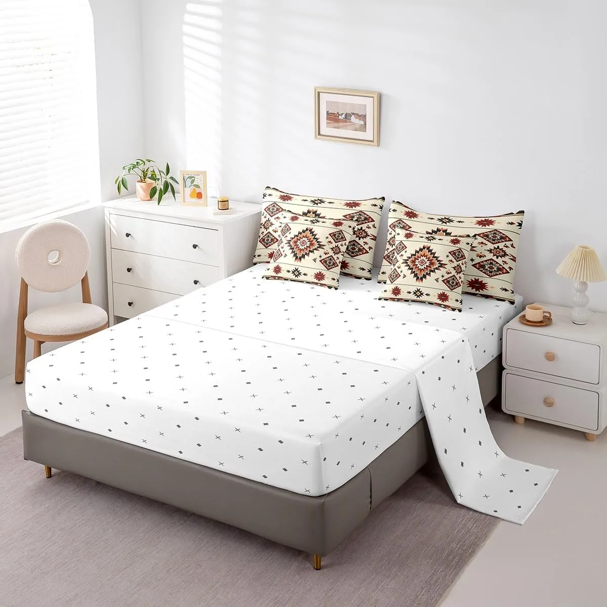 Feelyou Western Boho Bed Set Kids Adult Boys Girls King Size Tribe Geometry 7 Pieces Beeding Set Ultra Soft Bohemian Tribal Style Bed in a Bag with Comforter, Sheets, Pillowcases Geometric Room Decor