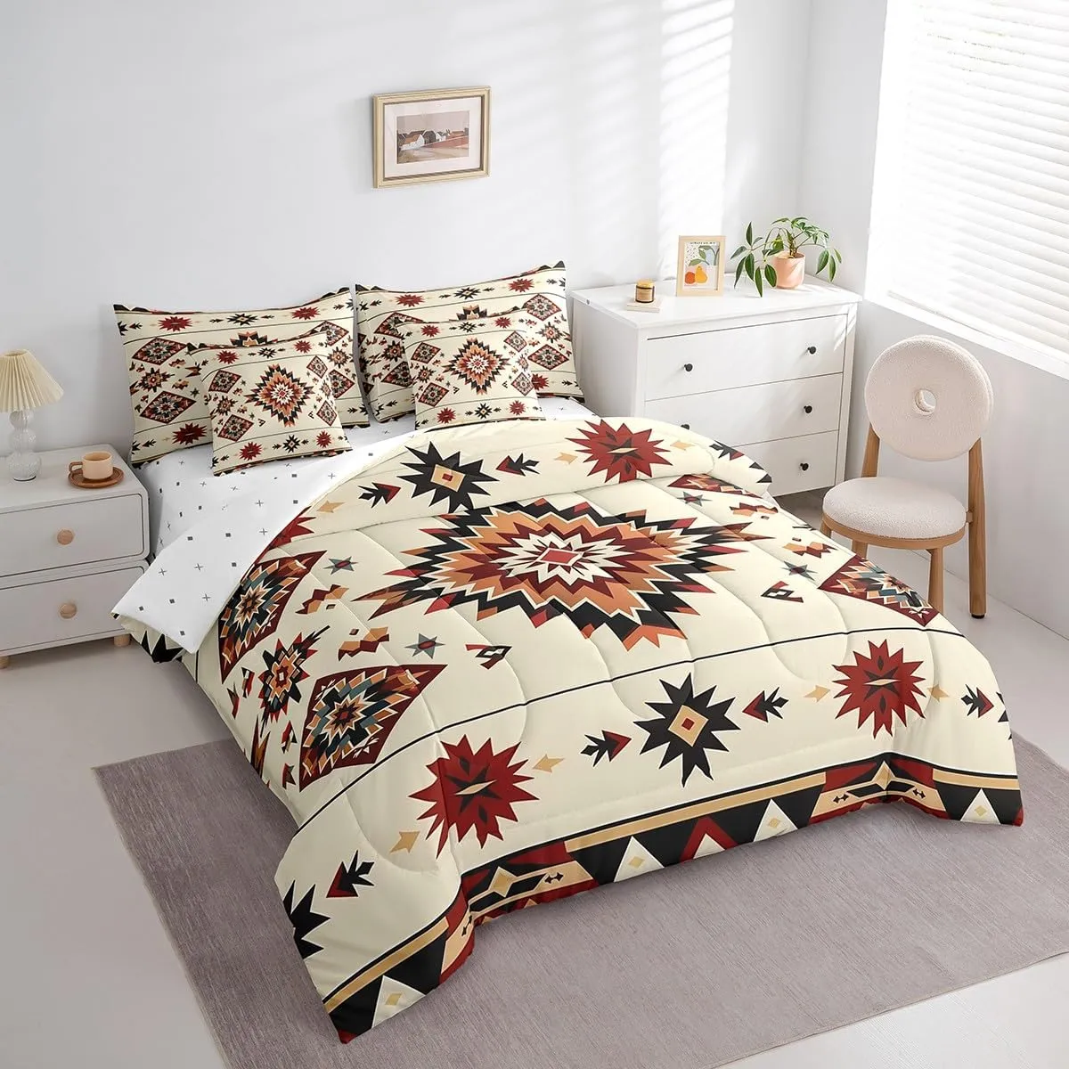 Feelyou Western Boho Bed Set Kids Adult Boys Girls King Size Tribe Geometry 7 Pieces Beeding Set Ultra Soft Bohemian Tribal Style Bed in a Bag with Comforter, Sheets, Pillowcases Geometric Room Decor