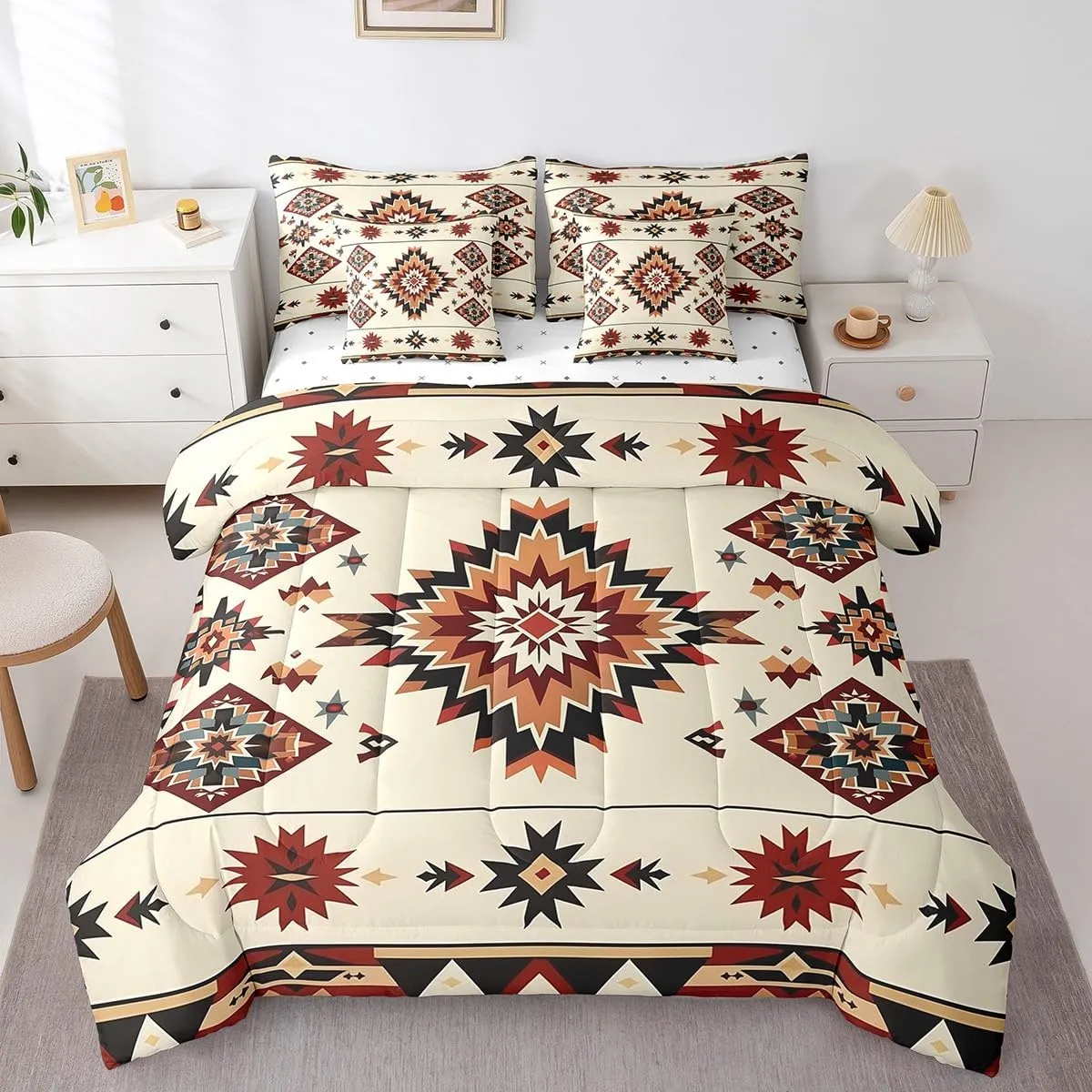 Feelyou Western Boho Bed Set Kids Adult Boys Girls King Size Tribe Geometry 7 Pieces Beeding Set Ultra Soft Bohemian Tribal Style Bed in a Bag with Comforter, Sheets, Pillowcases Geometric Room Decor