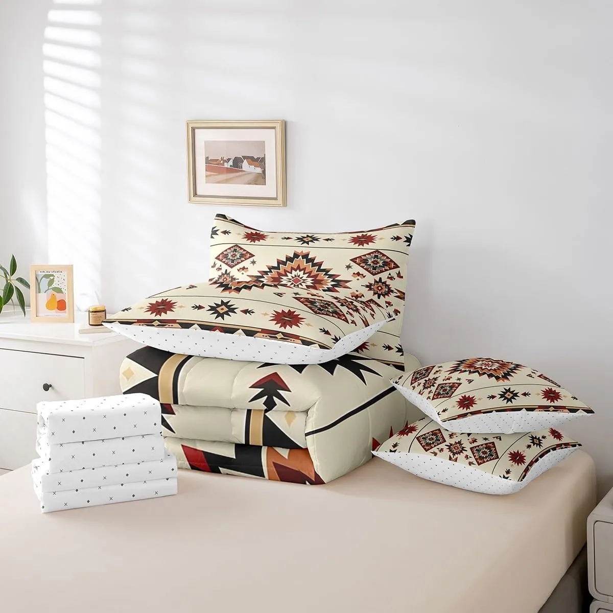 Feelyou Western Boho Bed Set Kids Adult Boys Girls King Size Tribe Geometry 7 Pieces Beeding Set Ultra Soft Bohemian Tribal Style Bed in a Bag with Comforter, Sheets, Pillowcases Geometric Room Decor