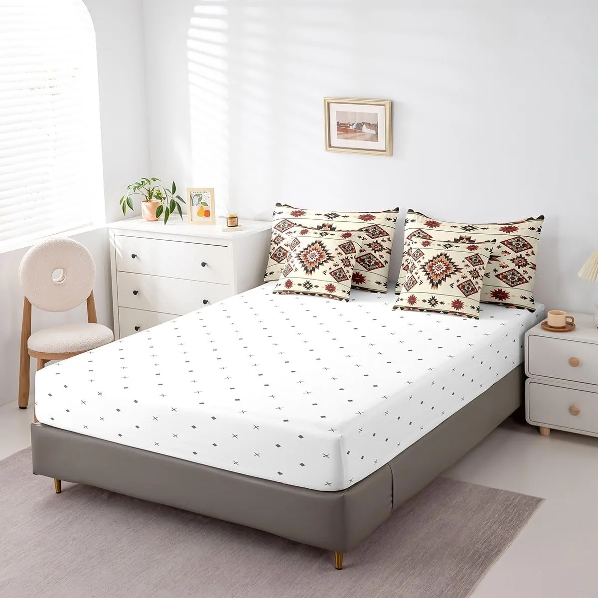 Feelyou Western Boho Bed Set Kids Adult Boys Girls King Size Tribe Geometry 7 Pieces Beeding Set Ultra Soft Bohemian Tribal Style Bed in a Bag with Comforter, Sheets, Pillowcases Geometric Room Decor