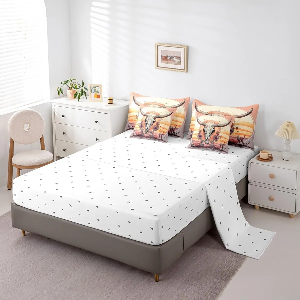 Feelyou Western Cowboy 7 Pieces Bedding Set Cow Queen Comforter Set with Sheets for Kids Boys Girls Teens Flower Bull Skull Bed in a Bag Buffalo Mexican Skull Bed Set