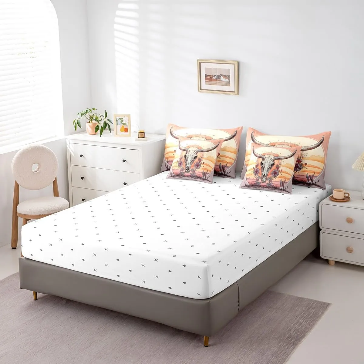 Feelyou Western Cowboy 7 Pieces Bedding Set Cow Queen Comforter Set with Sheets for Kids Boys Girls Teens Flower Bull Skull Bed in a Bag Buffalo Mexican Skull Bed Set