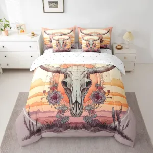Feelyou Western Cowboy 7 Pieces Bedding Set Cow Queen Comforter Set with Sheets for Kids Boys Girls Teens Flower Bull Skull Bed in a Bag Buffalo Mexican Skull Bed Set