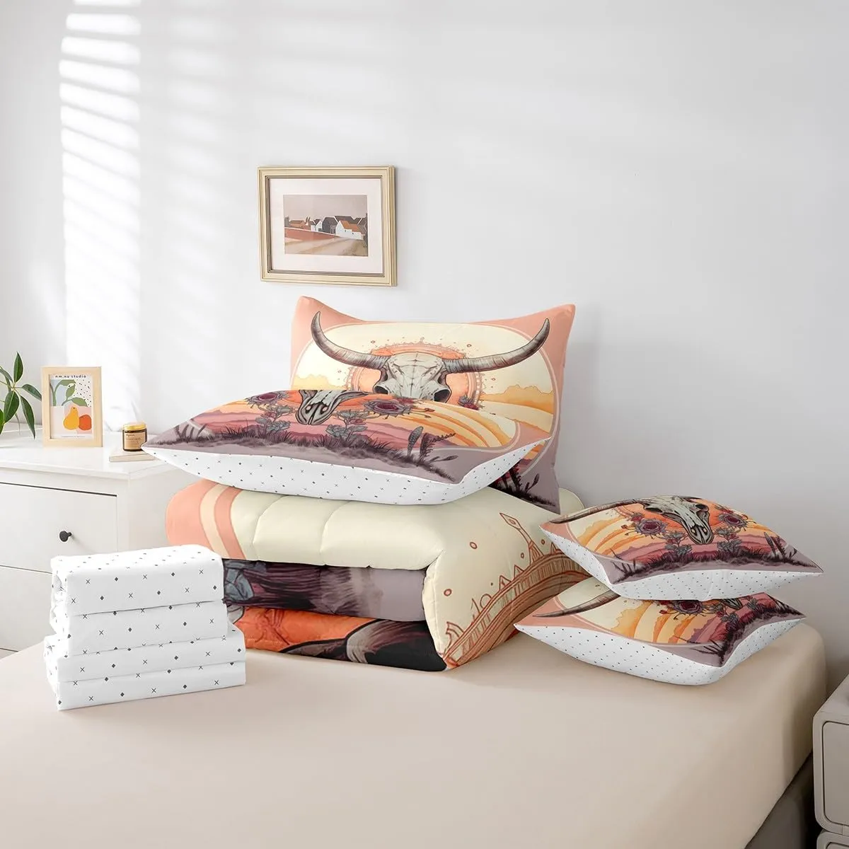 Feelyou Western Cowboy 7 Pieces Bedding Set Cow Queen Comforter Set with Sheets for Kids Boys Girls Teens Flower Bull Skull Bed in a Bag Buffalo Mexican Skull Bed Set