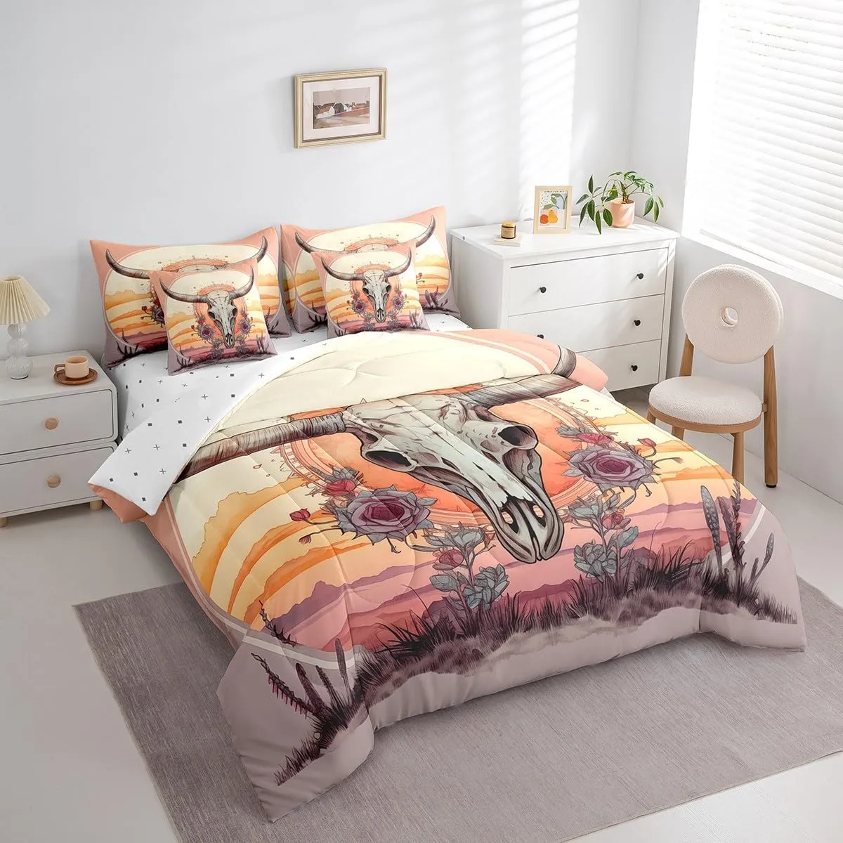 Feelyou Western Cowboy 7 Pieces Bedding Set Cow Queen Comforter Set with Sheets for Kids Boys Girls Teens Flower Bull Skull Bed in a Bag Buffalo Mexican Skull Bed Set