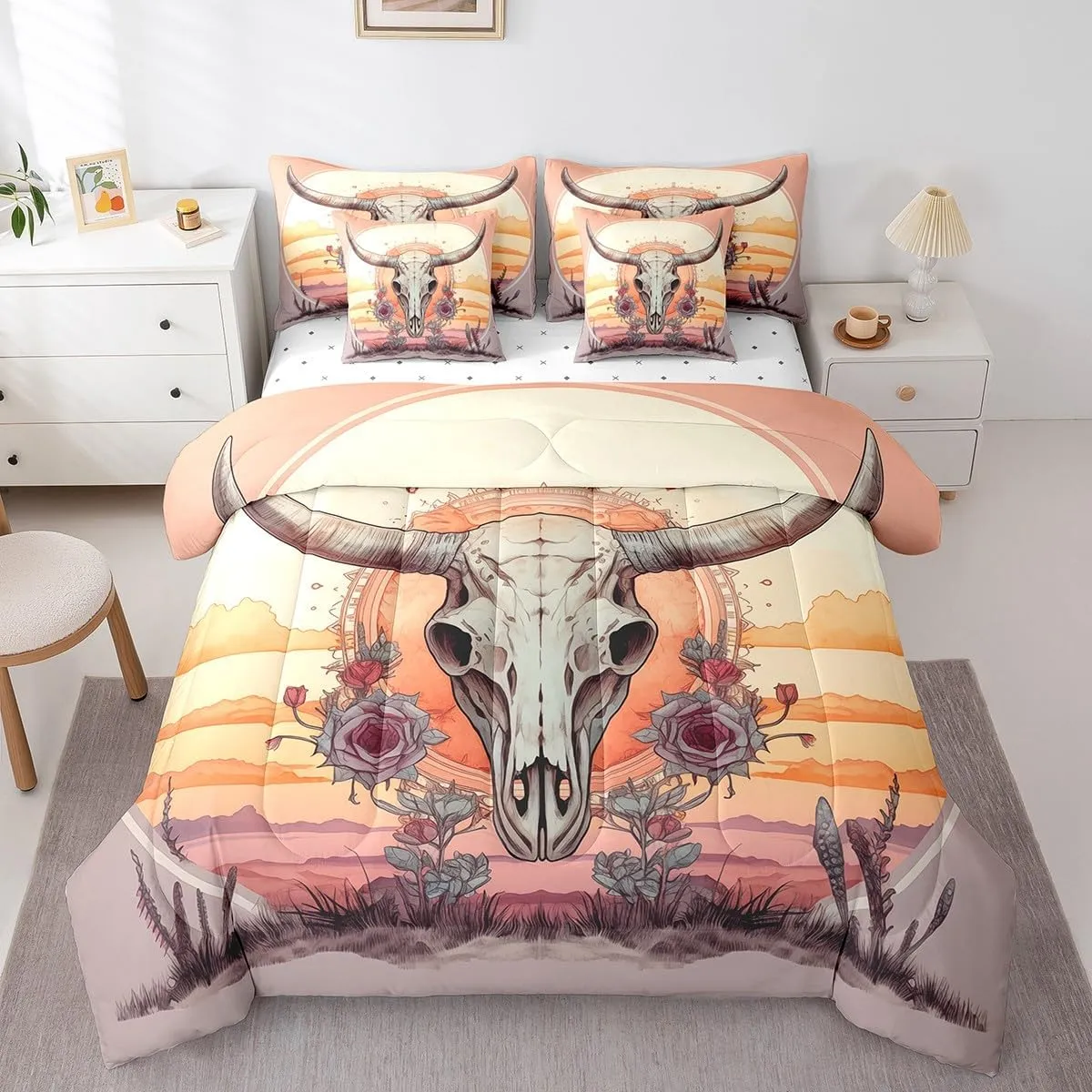 Feelyou Western Cowboy 7 Pieces Bedding Set Cow Queen Comforter Set with Sheets for Kids Boys Girls Teens Flower Bull Skull Bed in a Bag Buffalo Mexican Skull Bed Set