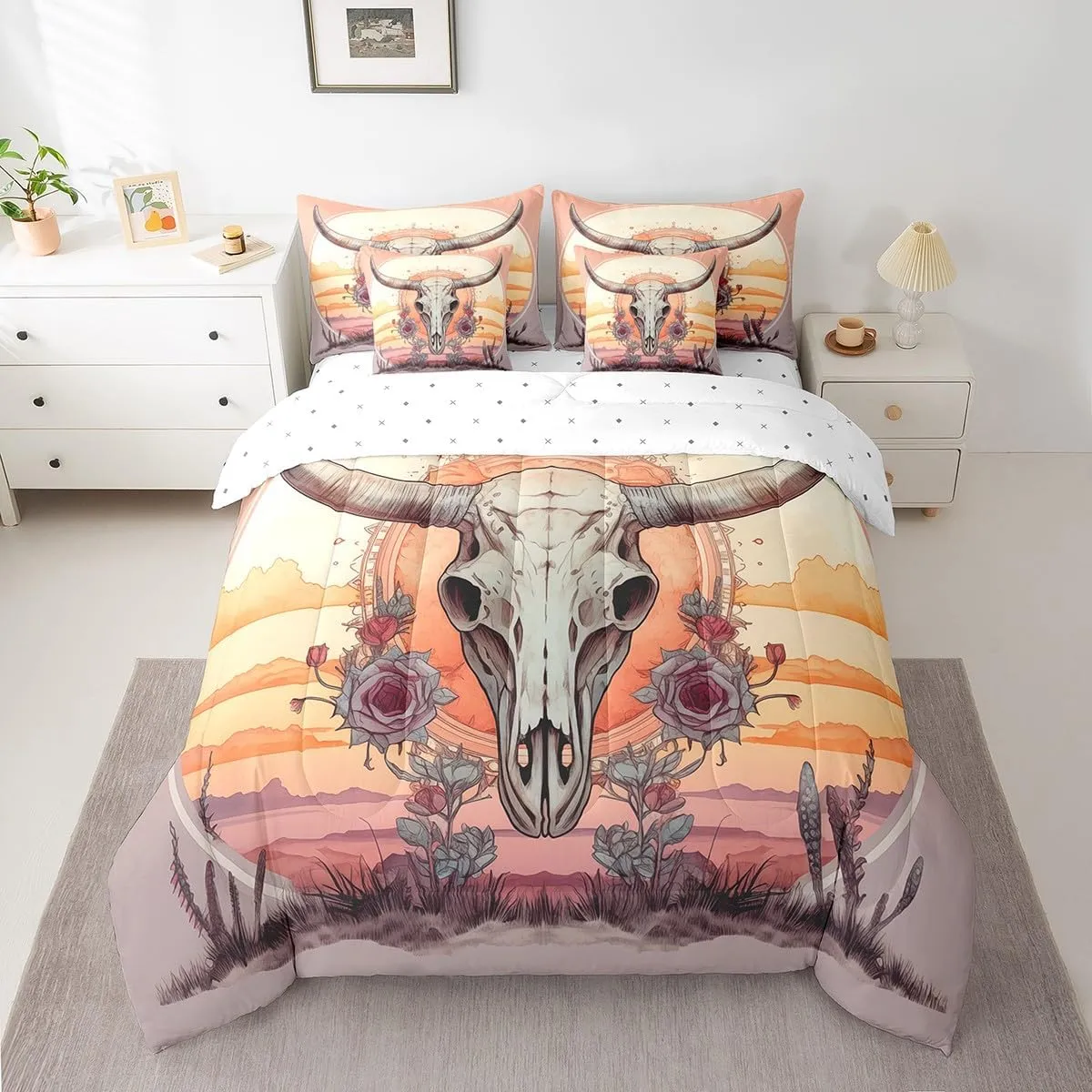 Feelyou Western Cowboy 7 Pieces Bedding Set Cow Queen Comforter Set with Sheets for Kids Boys Girls Teens Flower Bull Skull Bed in a Bag Buffalo Mexican Skull Bed Set