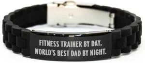Fitness Trainer by Day, World's Best Dad by Night. Valentine's Unique Gift for Fitness Trainer Men with Adjustable Glide lock Clasp Black Stainless Steel Silicone Bracelet
