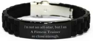 Fitness Trainer Engraved Black Glidelock Clasp Bracelet for Motivation and Confidence, Perfect Idea Gifts for Veterans Day, Christmas, and Graduation Events