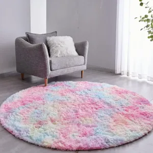 FJZFING Rainbow Round Rug Ultra-Soft Plush Modern 4x4 Circle Area Rug for Kid's Bedroom, Fluffy Shag Circular Rug for Nursery Room, Non-Slip Home Decor Colorful Carpet for Teen's Room