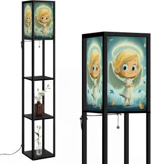 Flat Winged Angel Birds Pastel Color Palette Floor Lamps with Shelves, Modern Standing Lamp Narrow Corner Display Bookshelf Lamp for Living Room, Bedroom, Office Decor