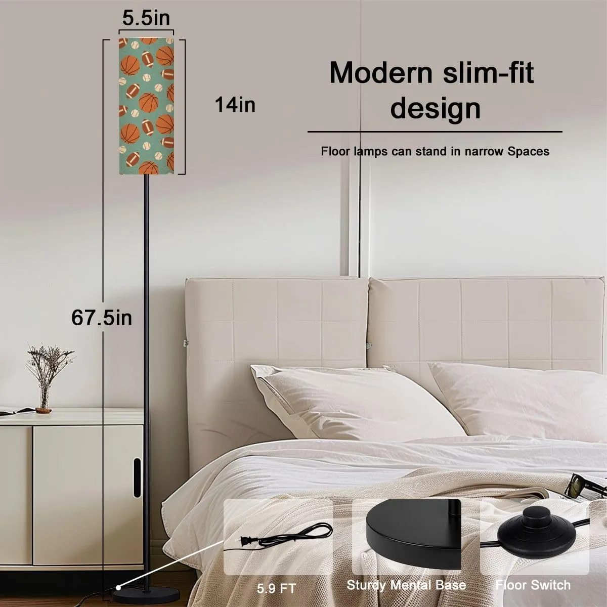 Floor Lamp for Living Room American football basketball pattern seamless repeat plain Trendy flat Light Stand Lamp with Remote Control Dimmable LED Tall Lamps for Bedrooms Reading Western Home Decor