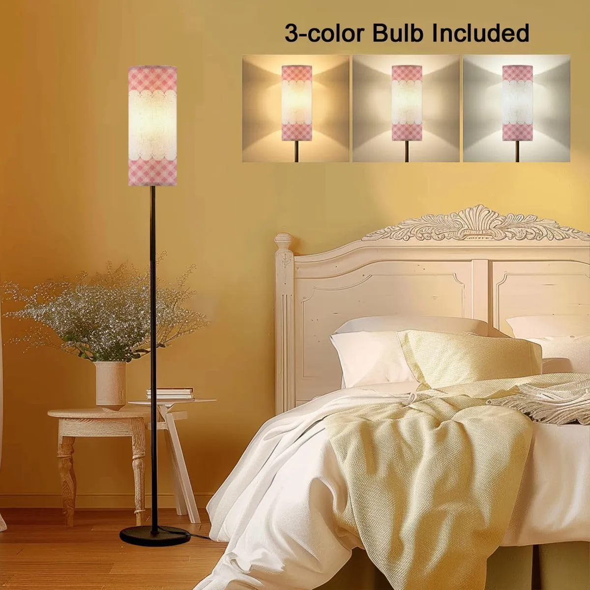 Floor Lamp for Living Room Blank Layout White lace Stripe Pink Checkered Flat Space Light Stand Lamp with Remote Control Dimmable LED Tall Lamps for Bedrooms Reading Western Home Decor