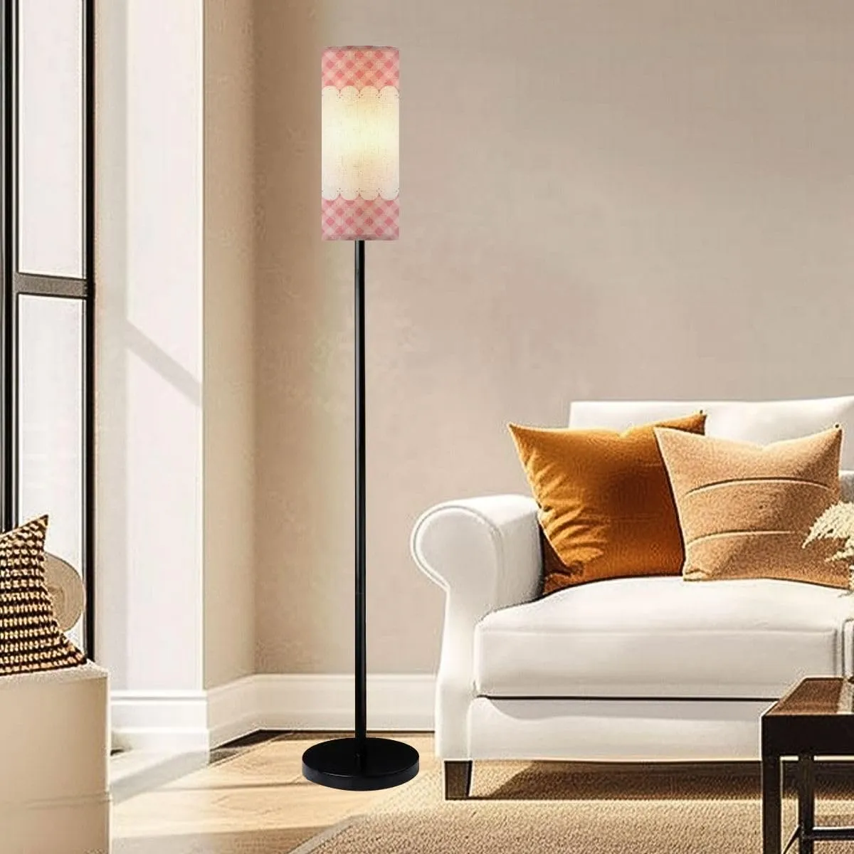 Floor Lamp for Living Room Blank Layout White lace Stripe Pink Checkered Flat Space Light Stand Lamp with Remote Control Dimmable LED Tall Lamps for Bedrooms Reading Western Home Decor