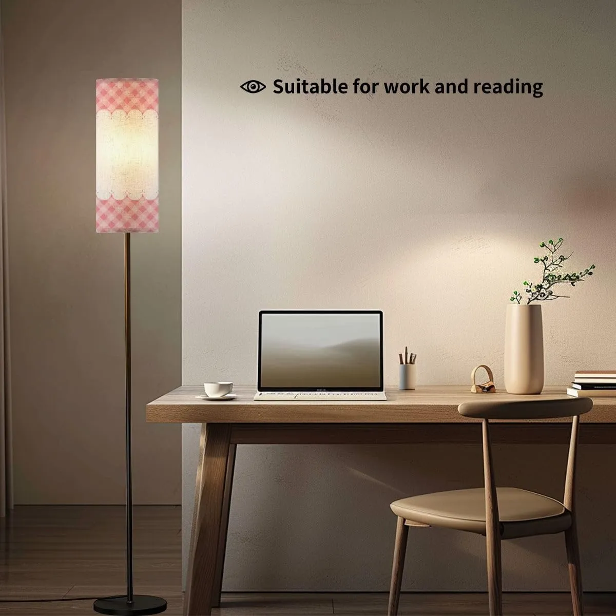 Floor Lamp for Living Room Blank Layout White lace Stripe Pink Checkered Flat Space Light Stand Lamp with Remote Control Dimmable LED Tall Lamps for Bedrooms Reading Western Home Decor