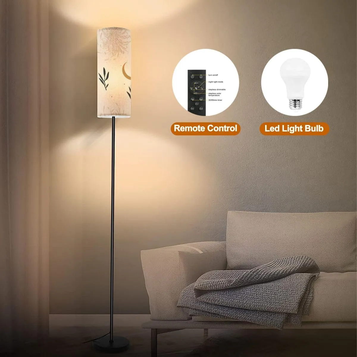 Floor Lamp for Living Room Hand drawn abstract flat graphic seamless pattern chrysanthemum Modern Standing Lamp Remote Control Dimmable Pole Lamp Corner Tall Lamp for Office Bedroom Reading