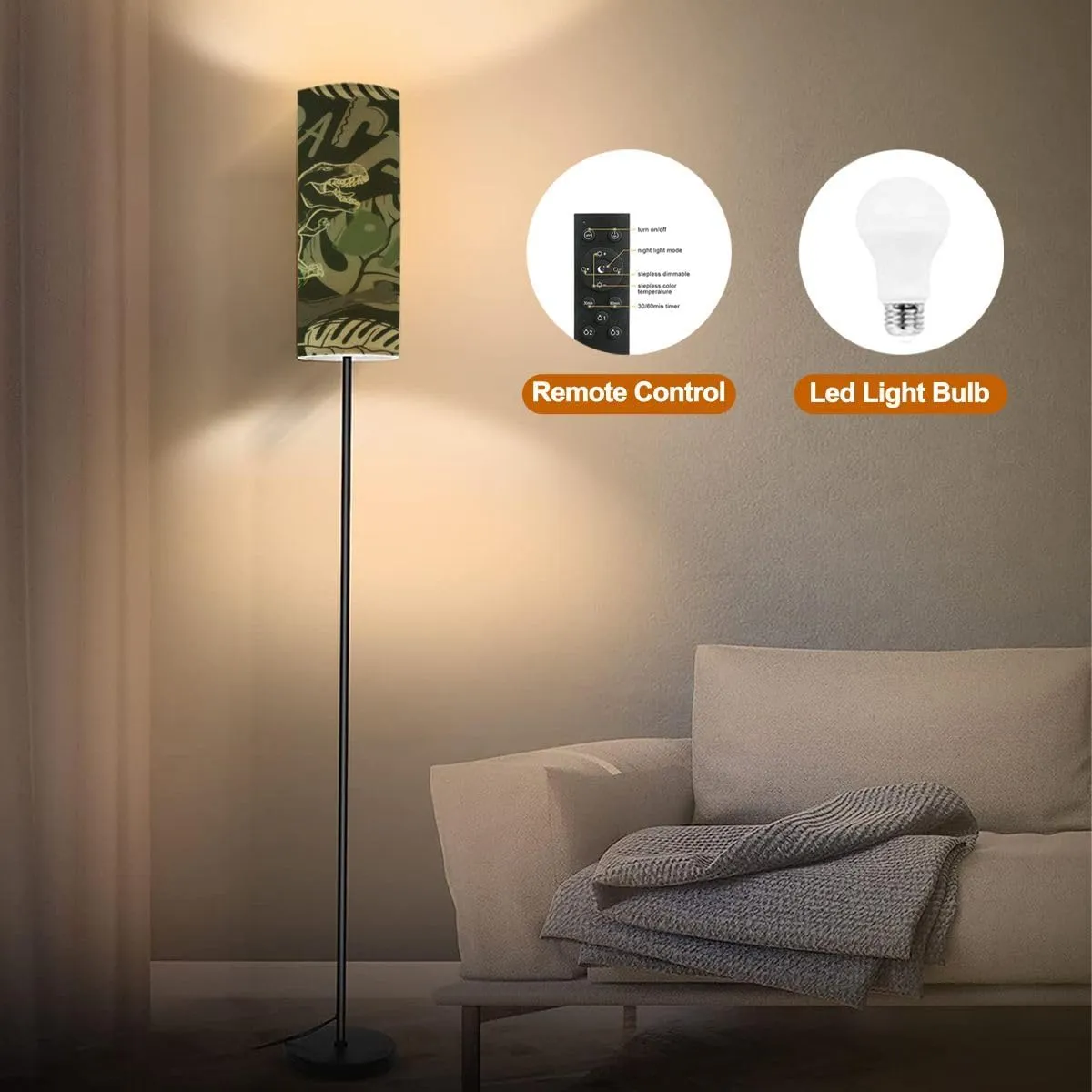 Floor Lamp for Living Room period dinosaur flat seamless pattern Prehistoric animal hand drawn Modern Standing Lamp Remote Control Dimmable Pole Lamp Corner Tall Lamp for Office Bedroom Reading