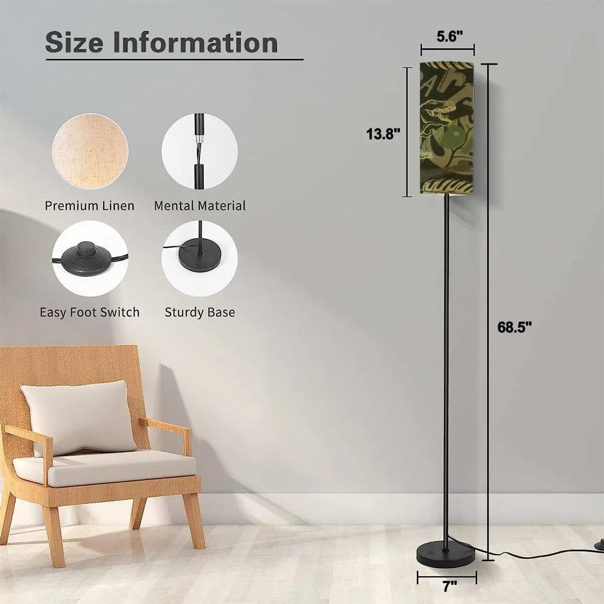 Floor Lamp for Living Room period dinosaur flat seamless pattern Prehistoric animal hand drawn Modern Standing Lamp Remote Control Dimmable Pole Lamp Corner Tall Lamp for Office Bedroom Reading