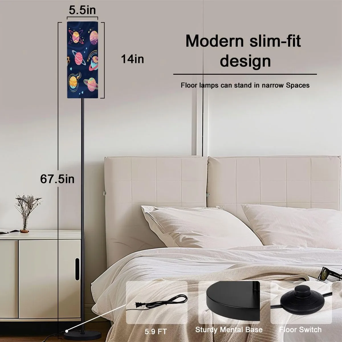 Floor Lamp for Living Room Planets fantasy for children art Abstract galaxy planets flat cartoon Light Stand Lamp with Remote Control Dimmable LED Tall Lamps for Bedrooms Reading Western Home Decor